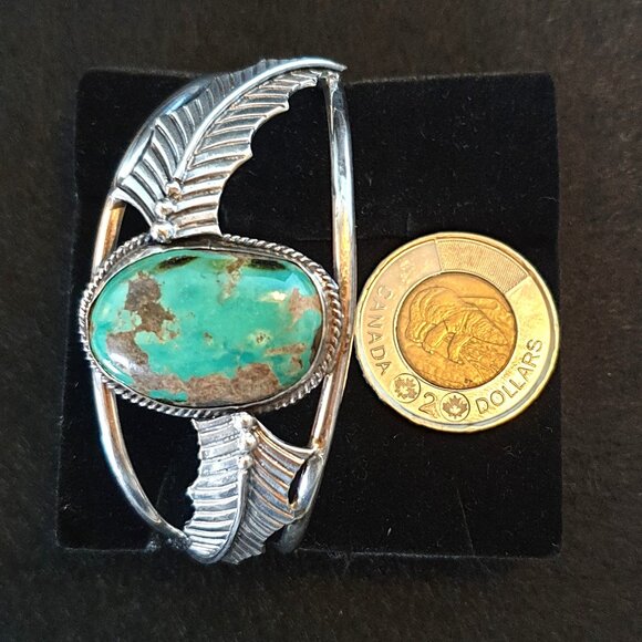 Vintage Pre-1950s Native American Sterling Genuine Turquoise Feather Bracelet - Picture 11 of 14